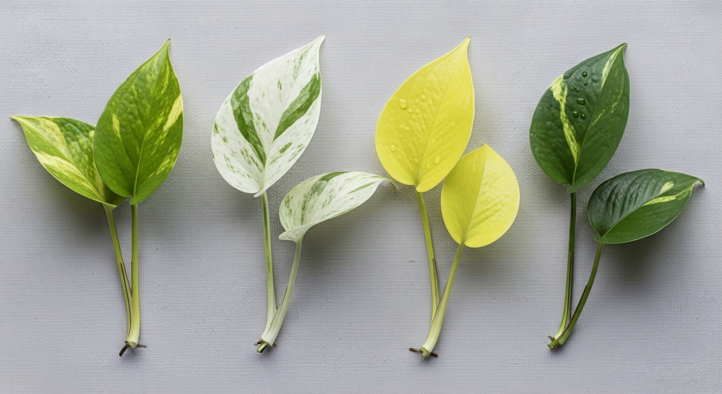 Four pothos cultivar cuttings arranged in flat lay comparison