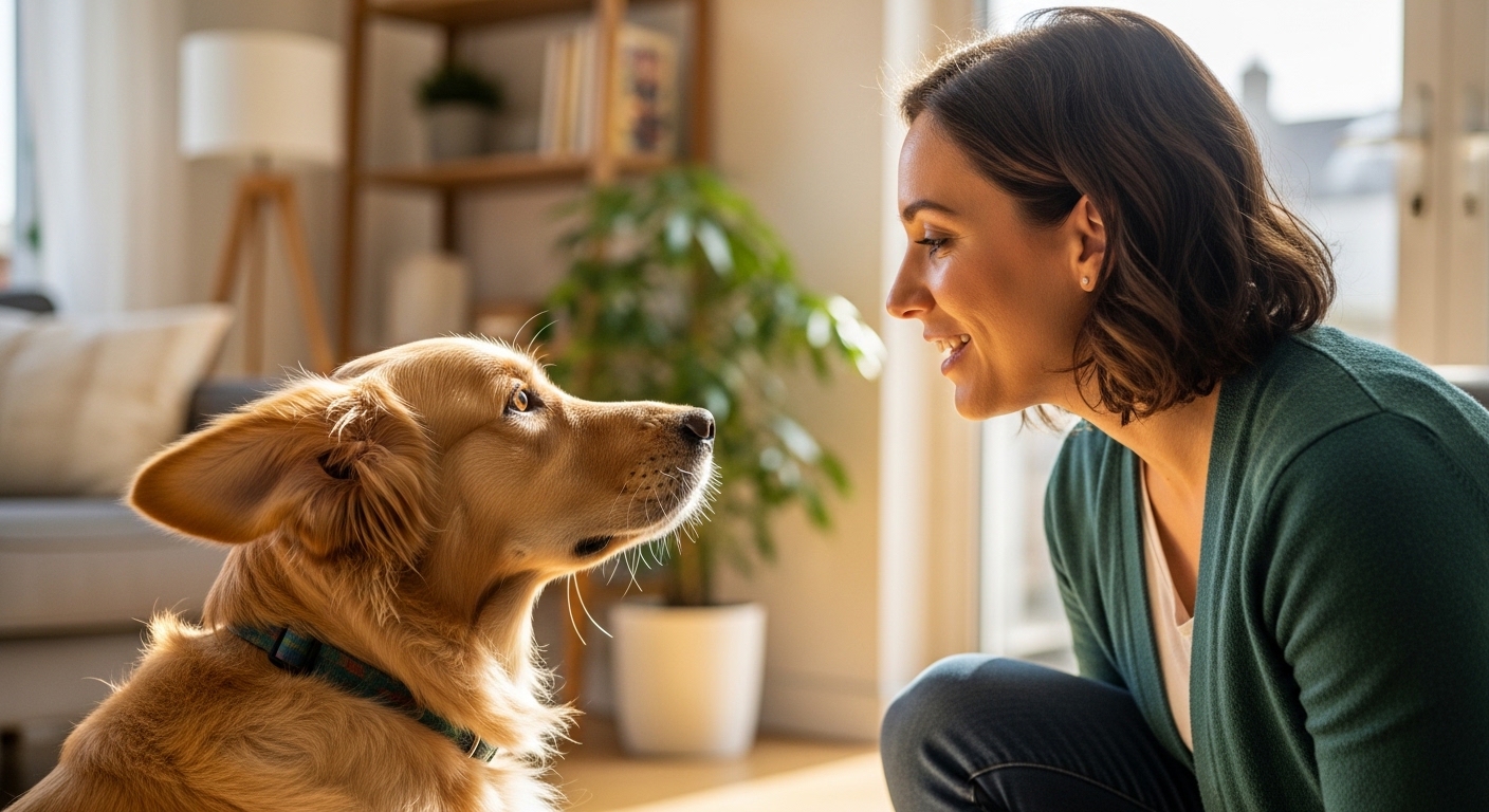 golden retriever tilting head while owner speaks to it