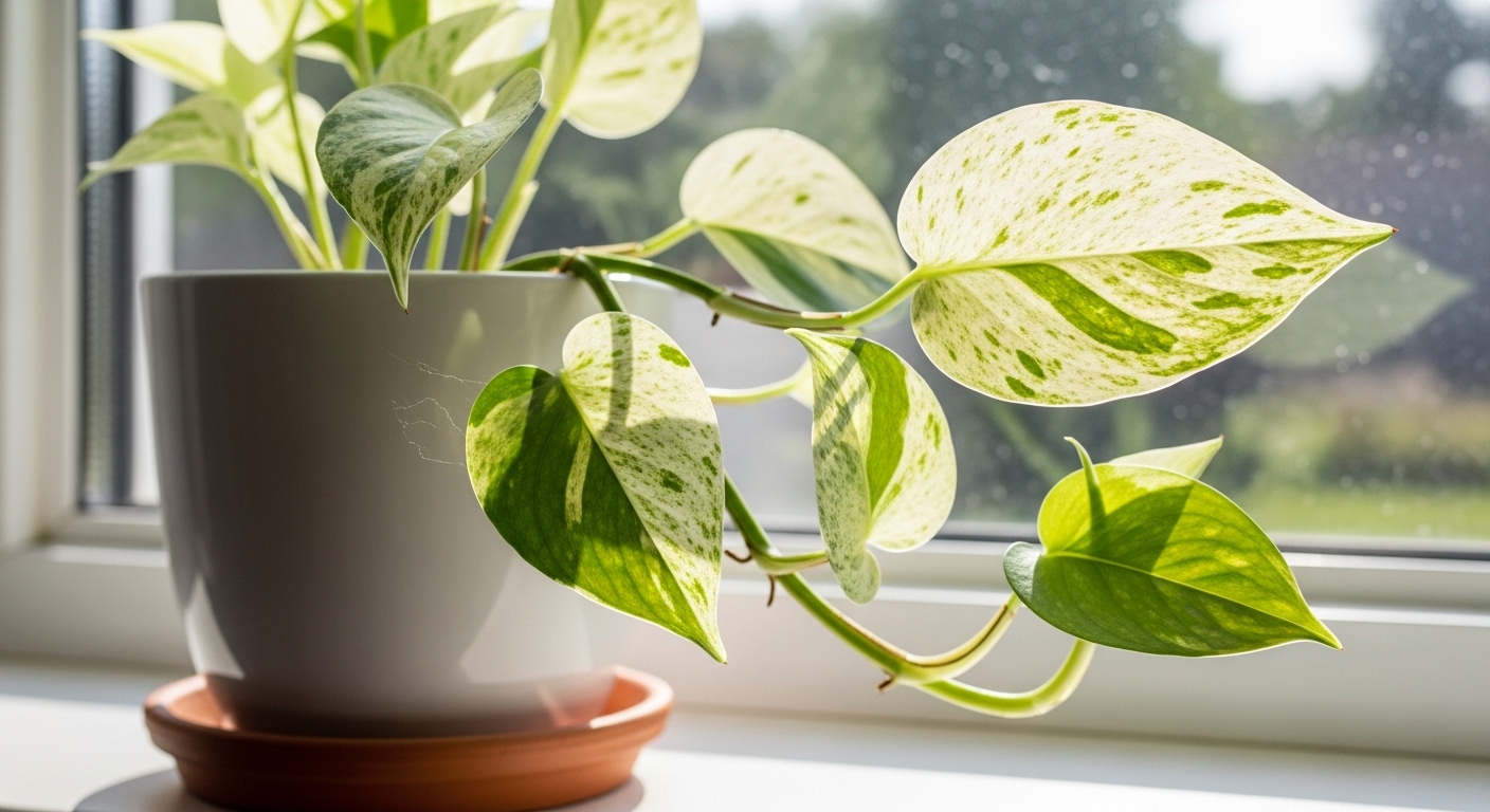 Marble Queen pothos on windowsill in bright morning indirect light