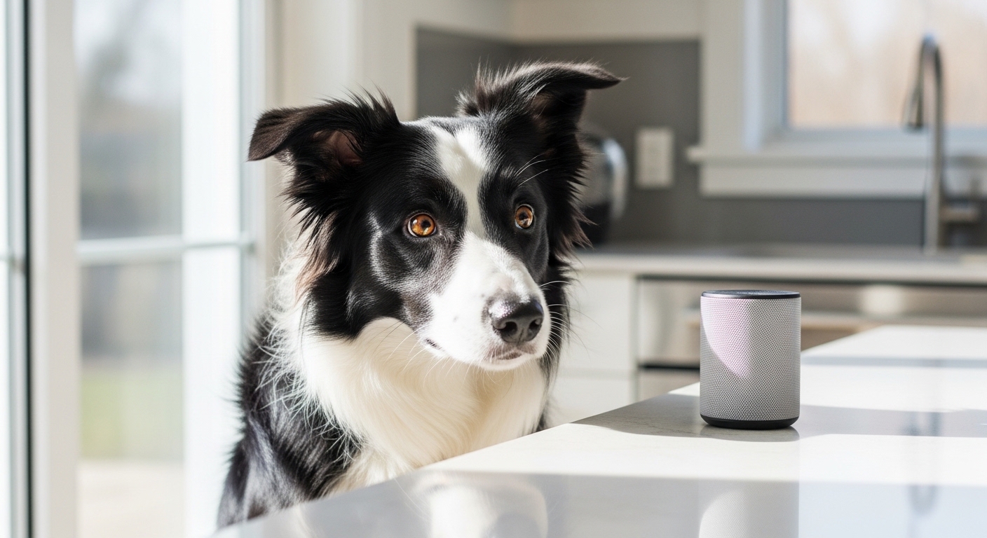 border collie tilting head toward small speaker on counter