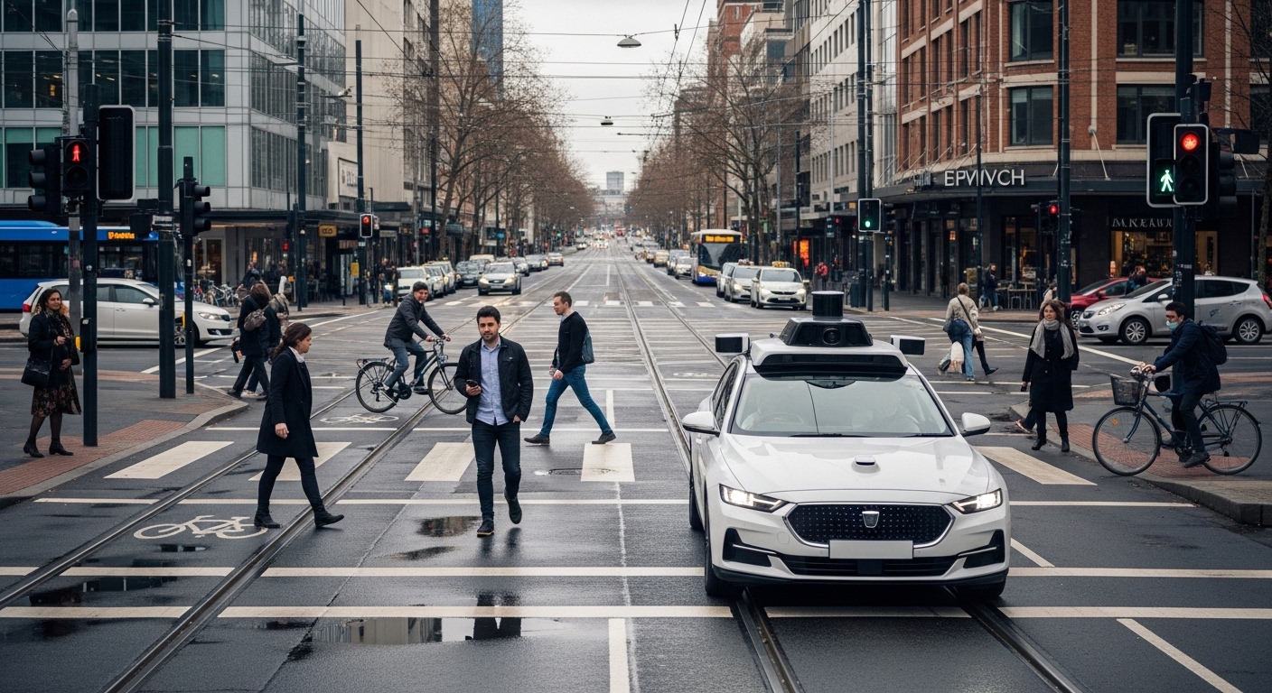 Self-driving car navigating busy urban intersection