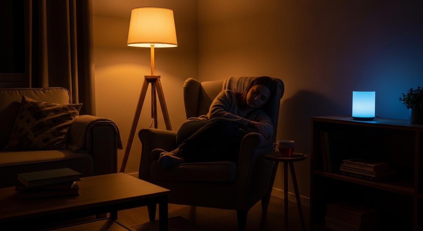 Personne seule dans salon avec enceinte connectée lumineuse