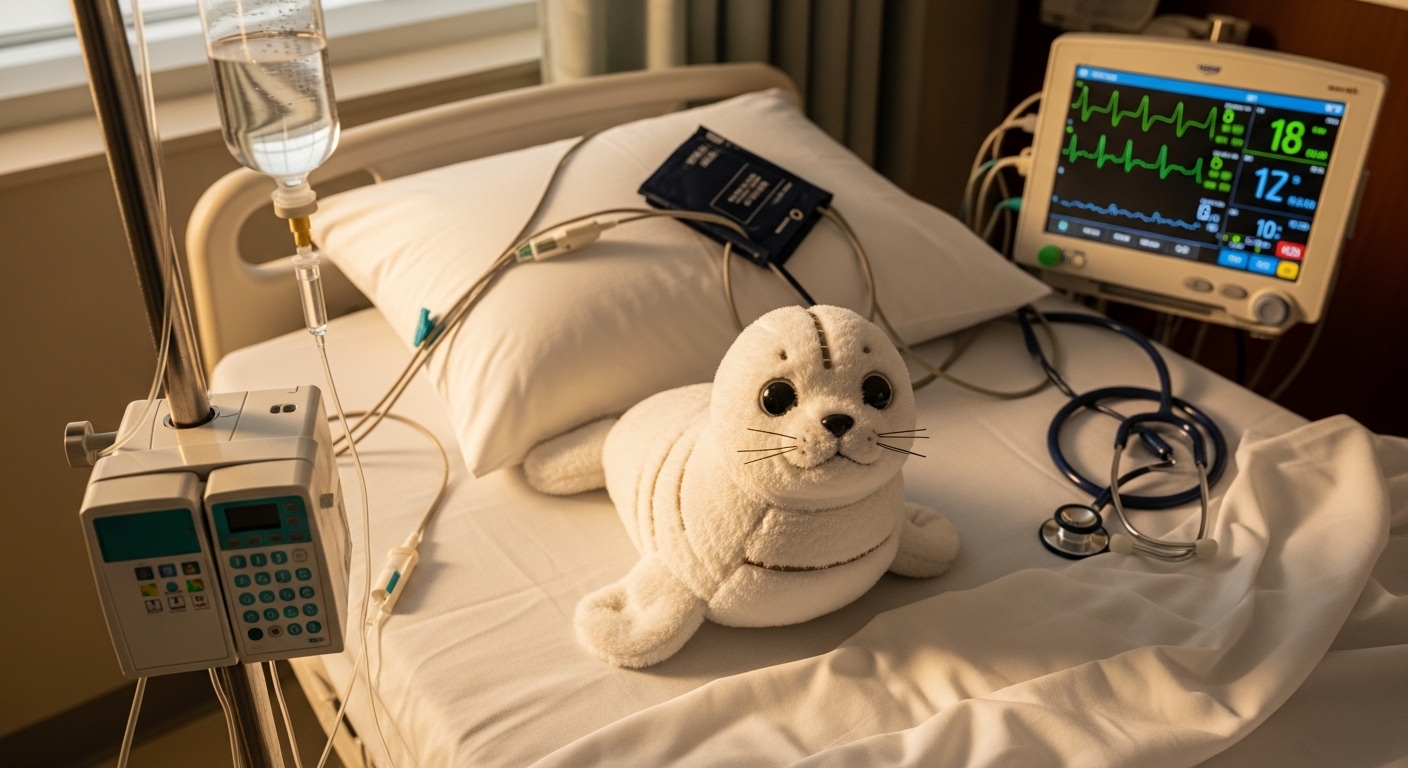 PARO-style robotic seal on hospital bed