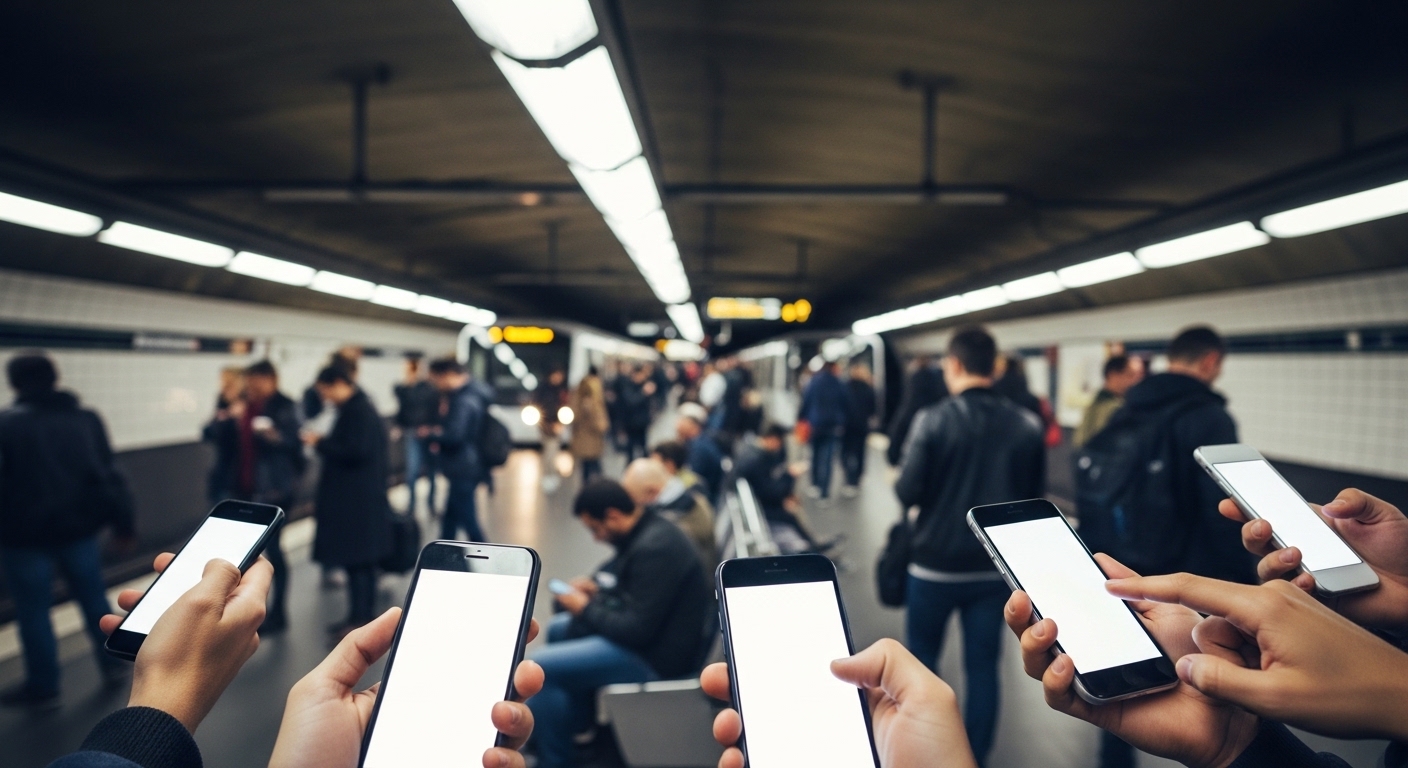 Crowded subway station with people using smartphones