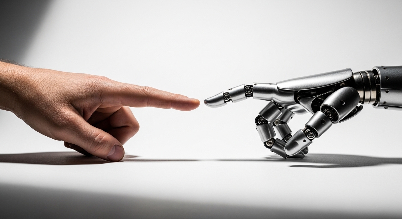 Human hand and robotic hand almost touching