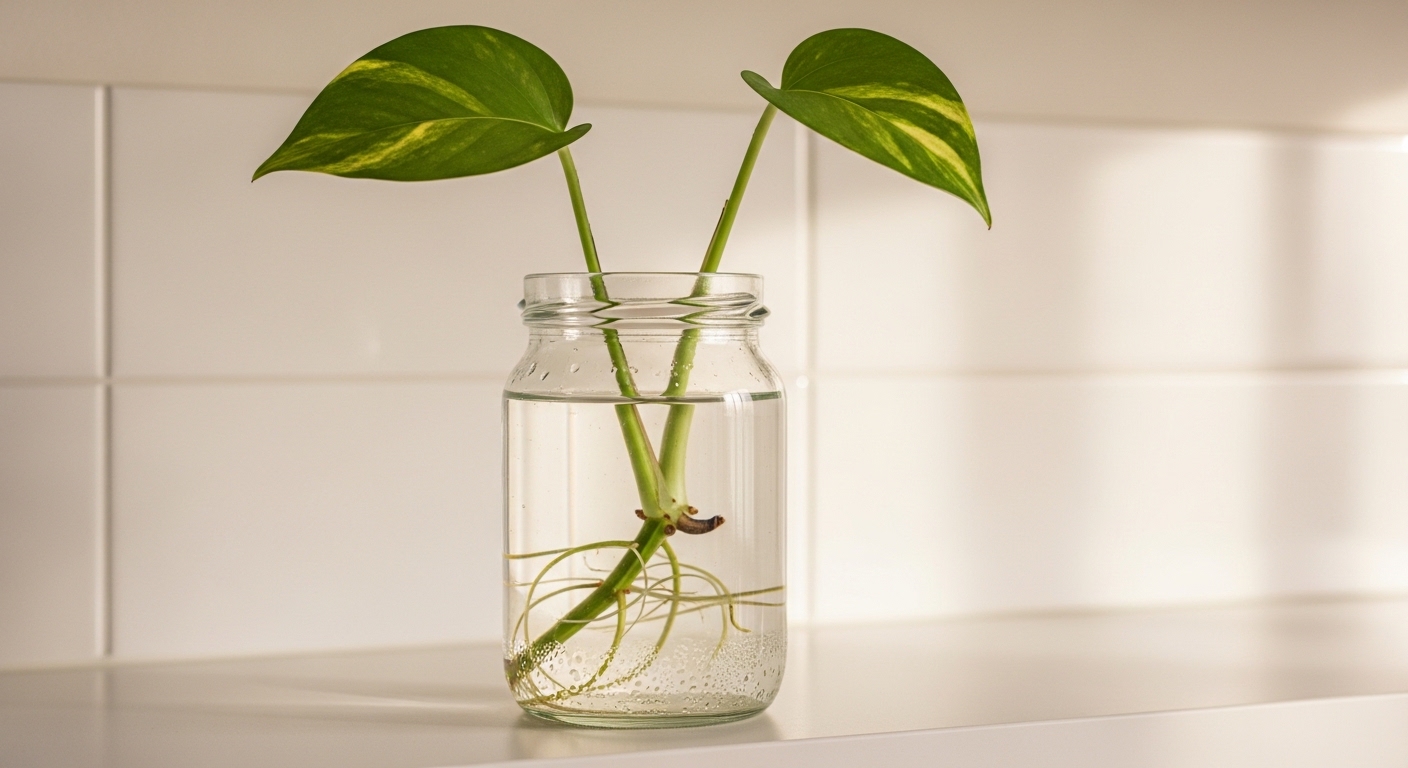 Pothos cutting rooting in clear glass jar with visible white roots