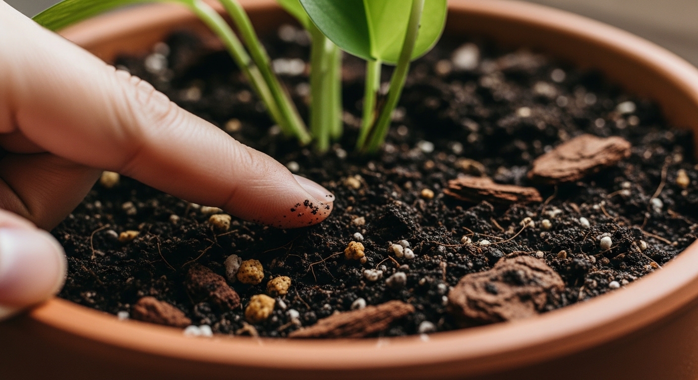 Finger testing soil moisture in golden pothos terracotta pot