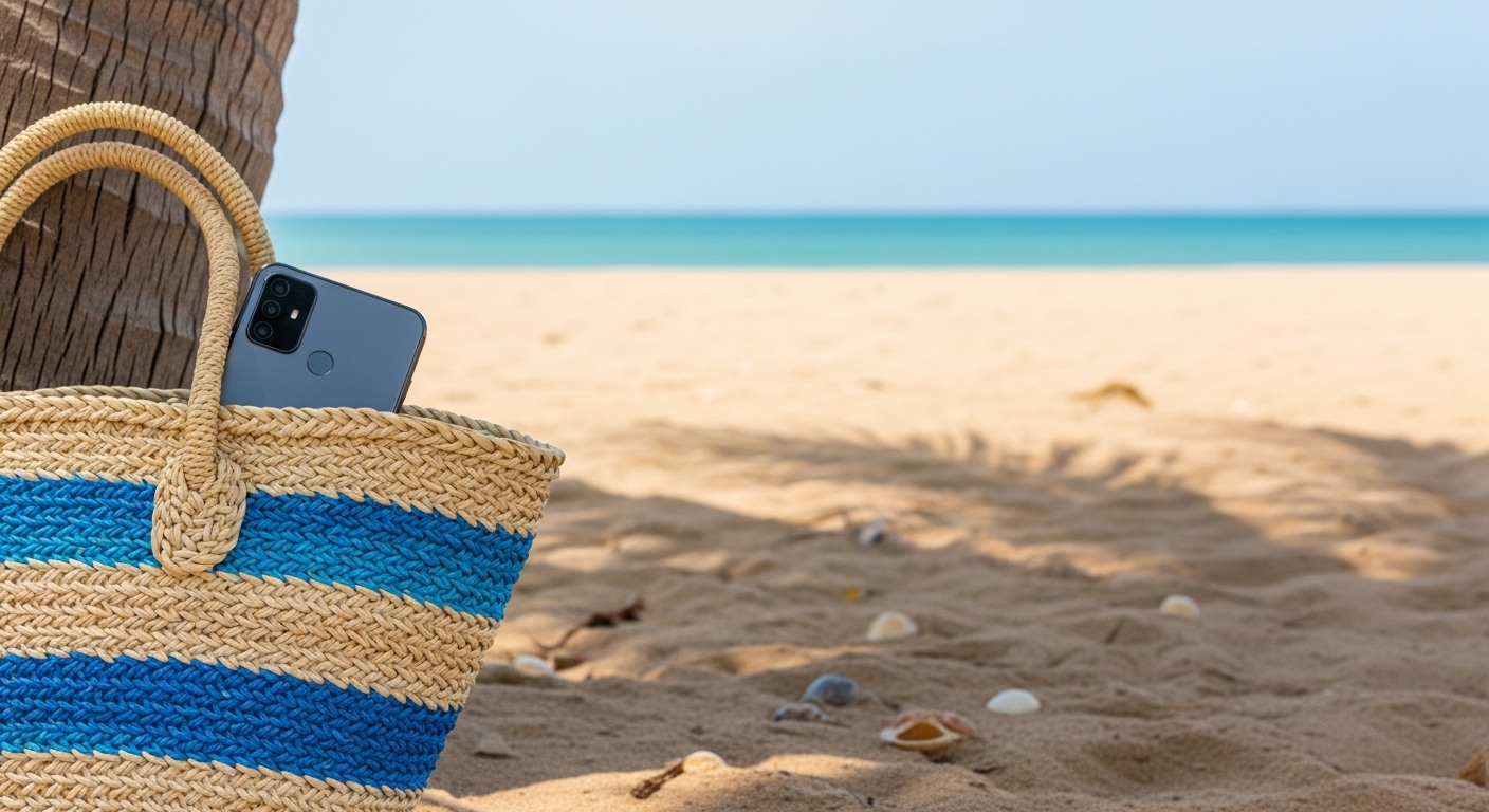 Smartphone sicher in Strandtasche im Schatten