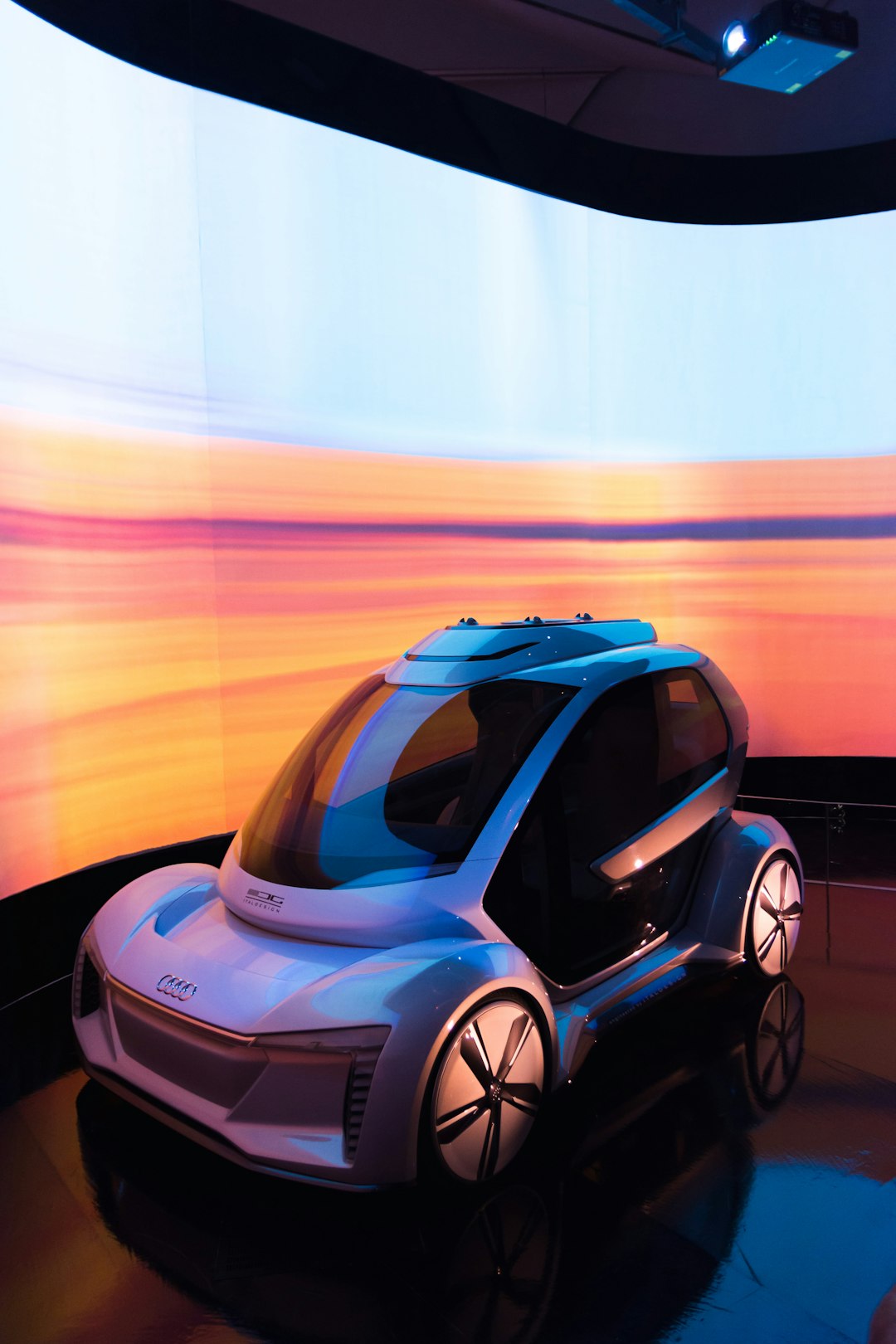 Passenger relaxing inside driverless autonomous car at night