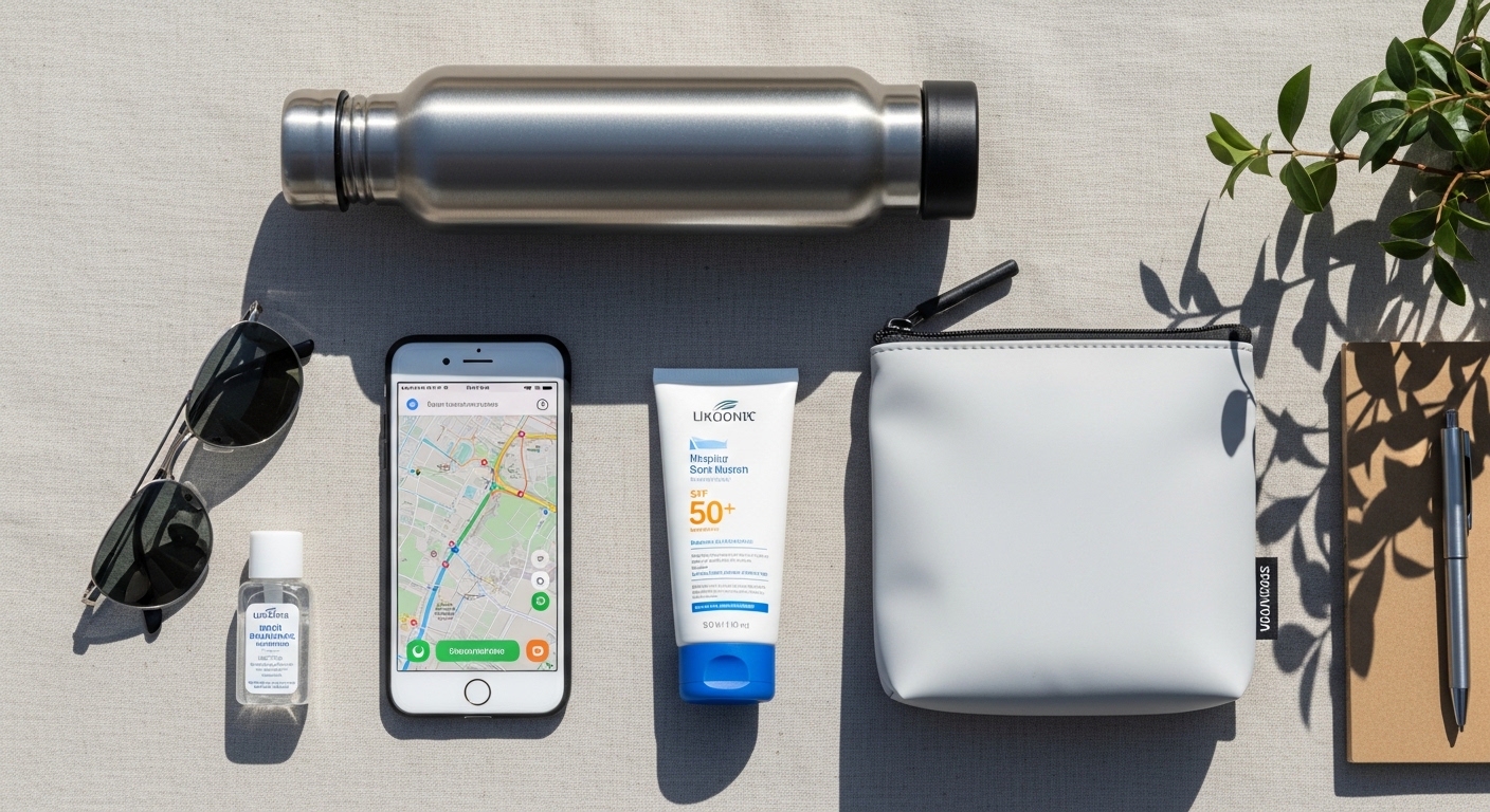 Reise-Flatlay mit Smartphone und Hitzeschutz-Zubehör