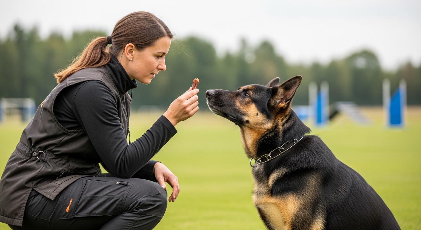 dog trainer working with head-tilting German shepherd outdoors