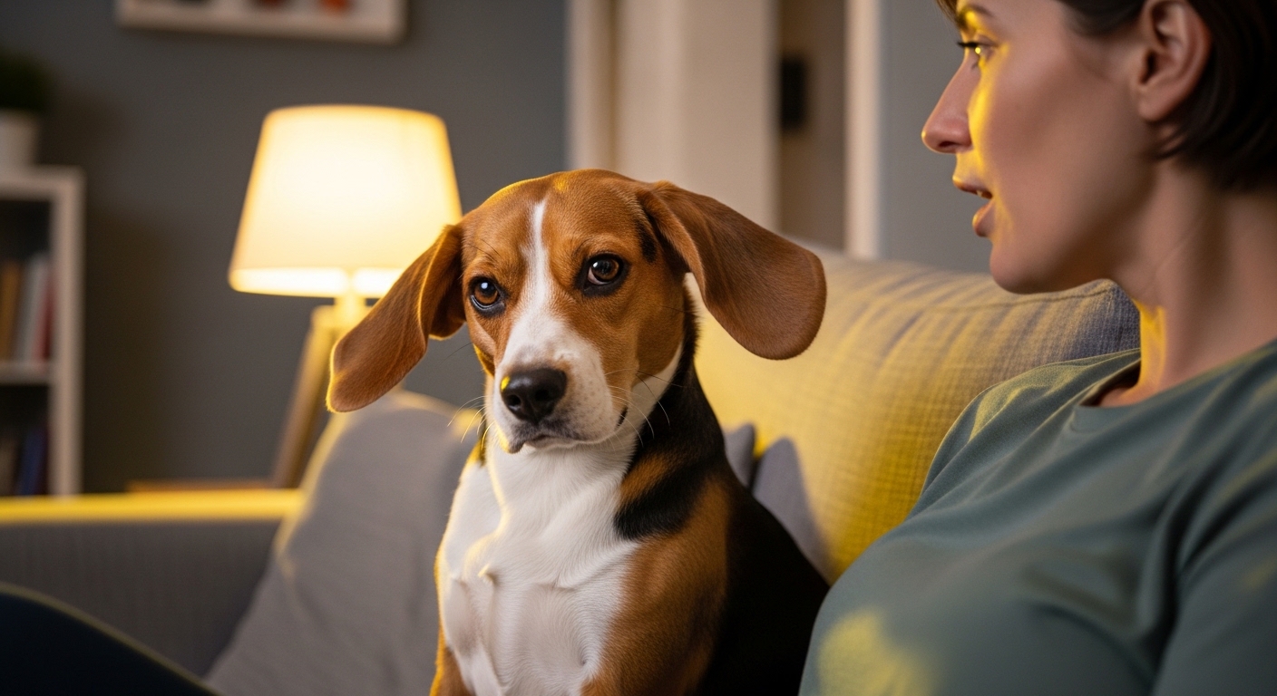 beagle tilting head on couch beside owner