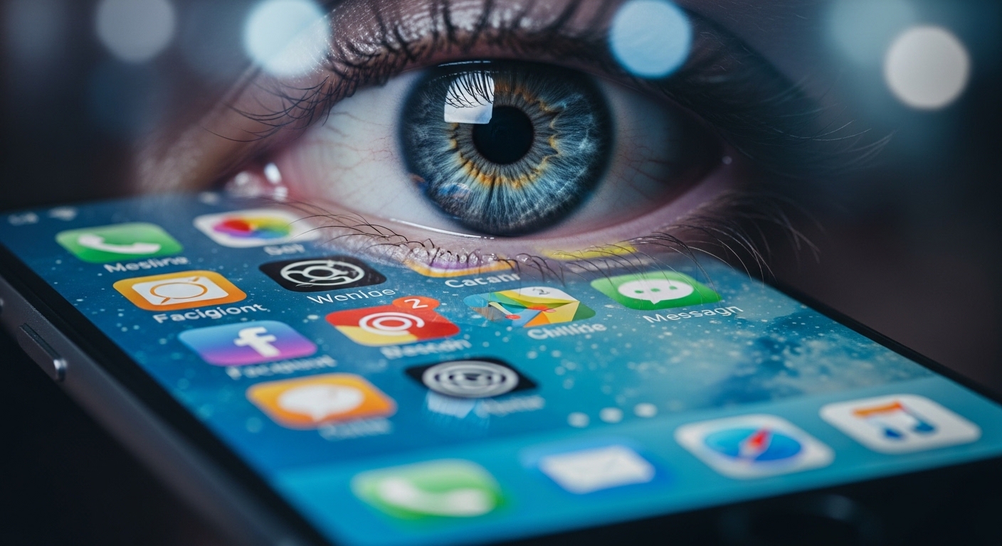 Oeil humain reflété dans un écran de smartphone