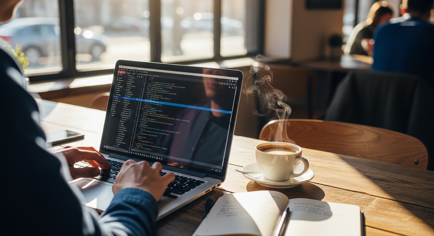 Programmer bekerja di kafe dengan laptop dan kopi