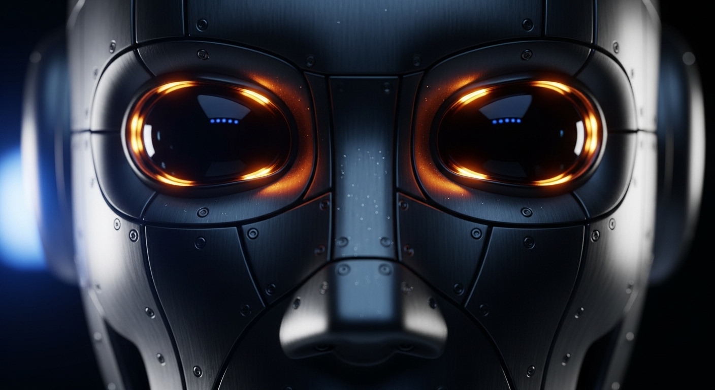 Close-up of robot face with expressive LED eyes