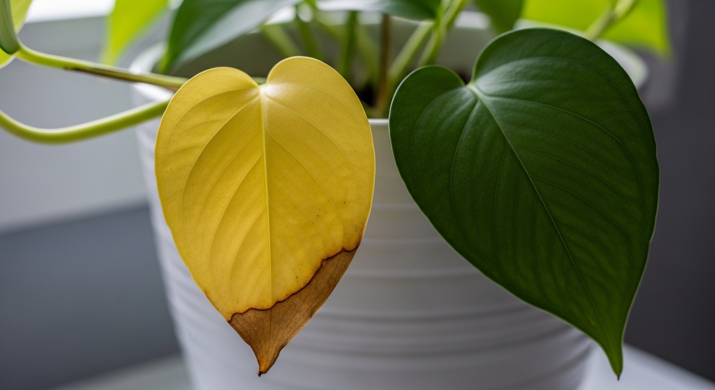 Golden pothos leaf showing yellowing beside healthy green leaf