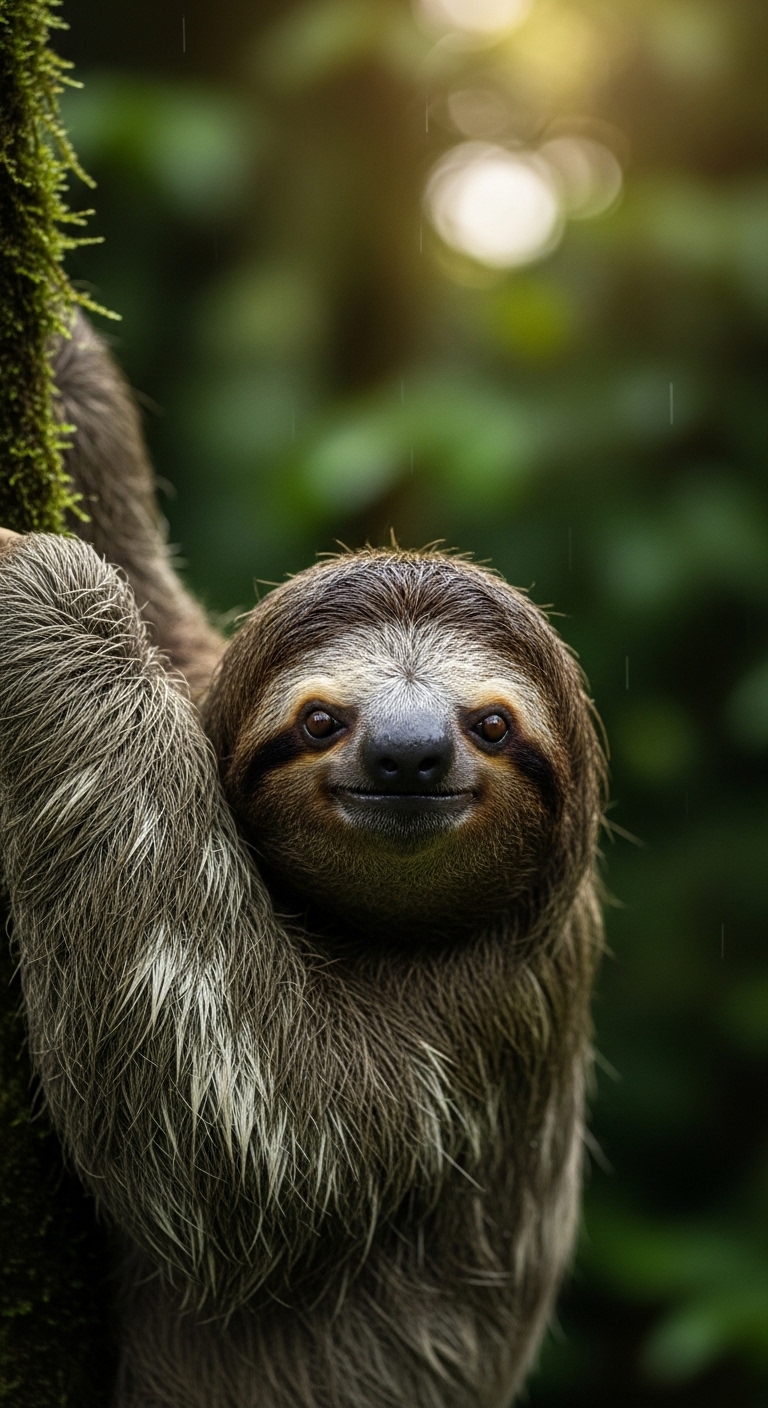 Portrait of three-toed sloth hanging from branch