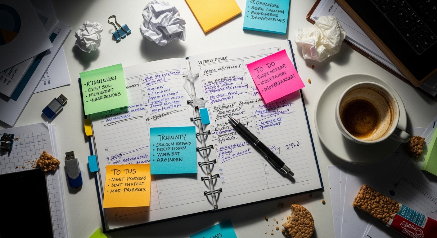 Overhead view of busy work desk with planning challenges