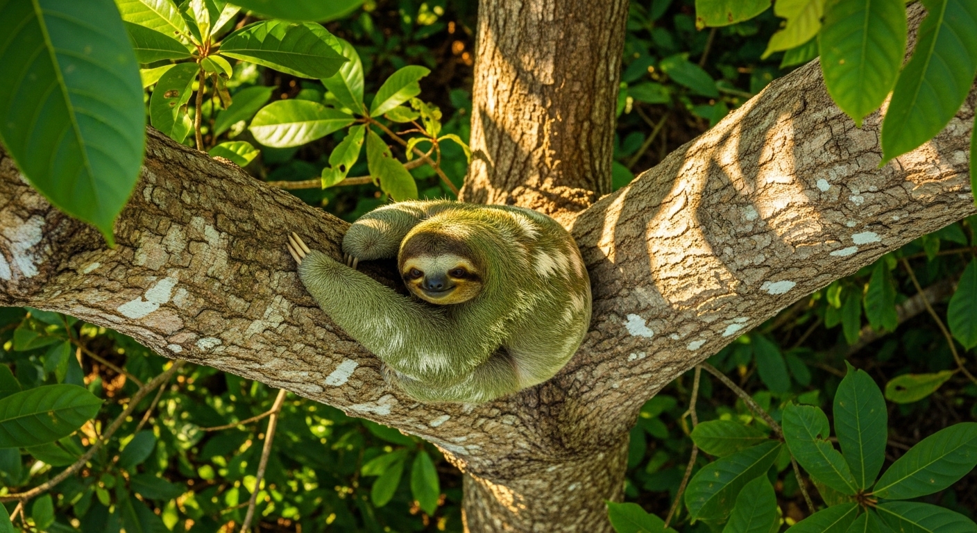 Overhead view of sloth resting in tree fork