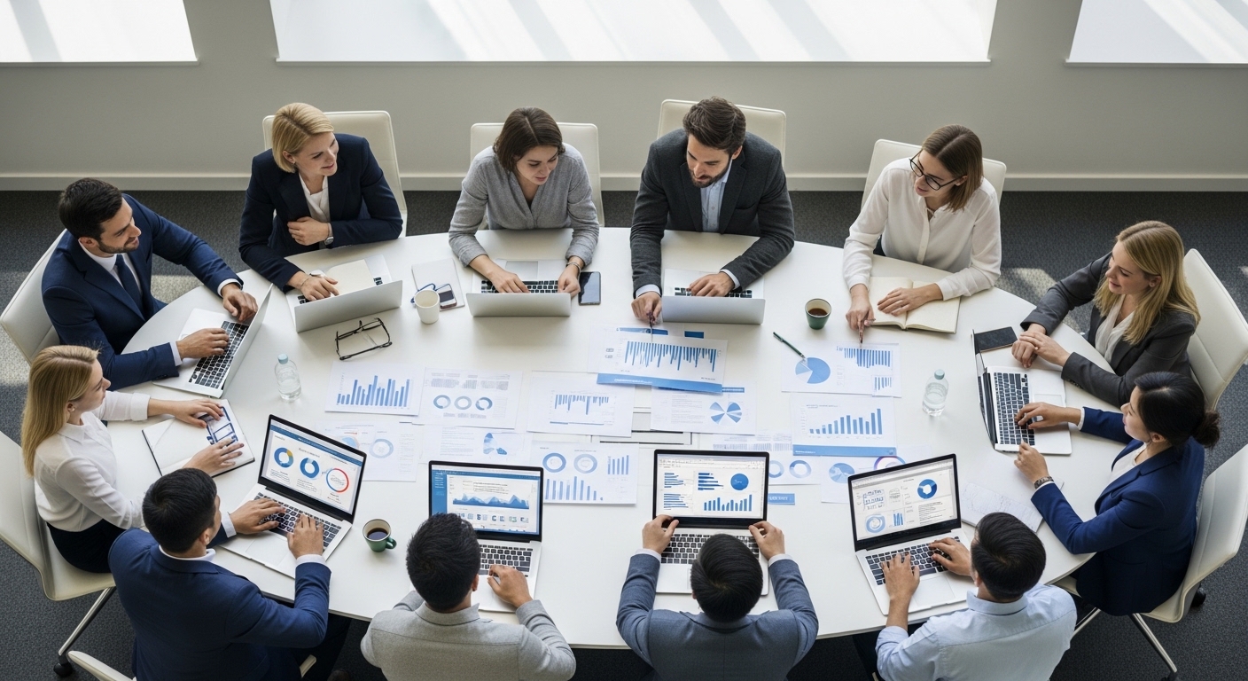 Diverse team collaborating on AI-assisted business decisions