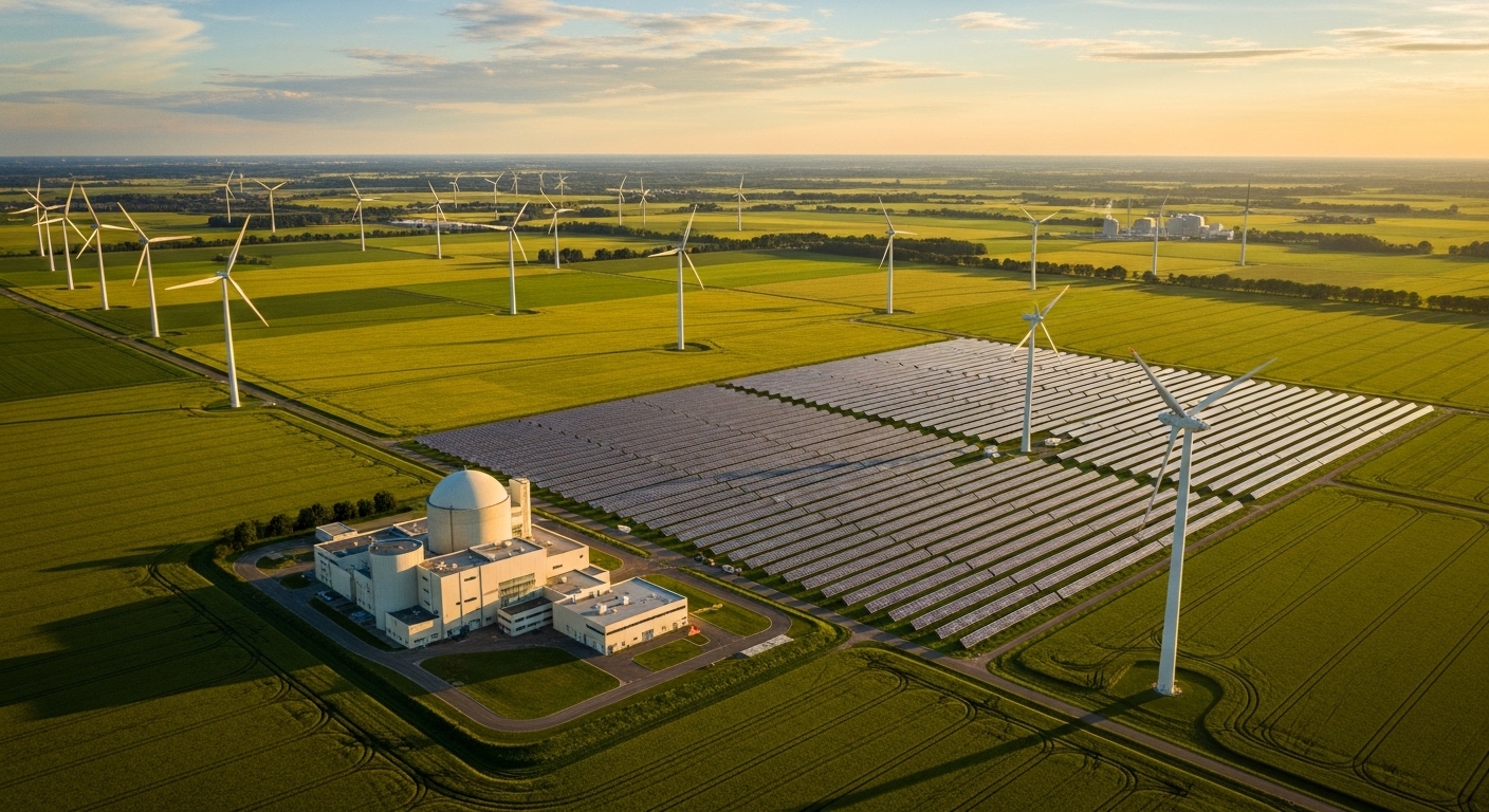 Windpark, Solaranlage und Kernkraftwerk nebeneinander von oben