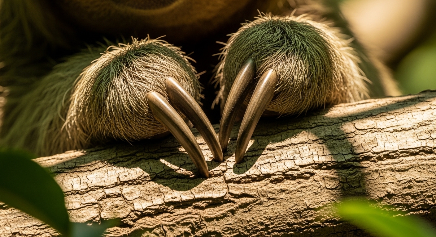 Close-up of sloth claws gripping tree branch