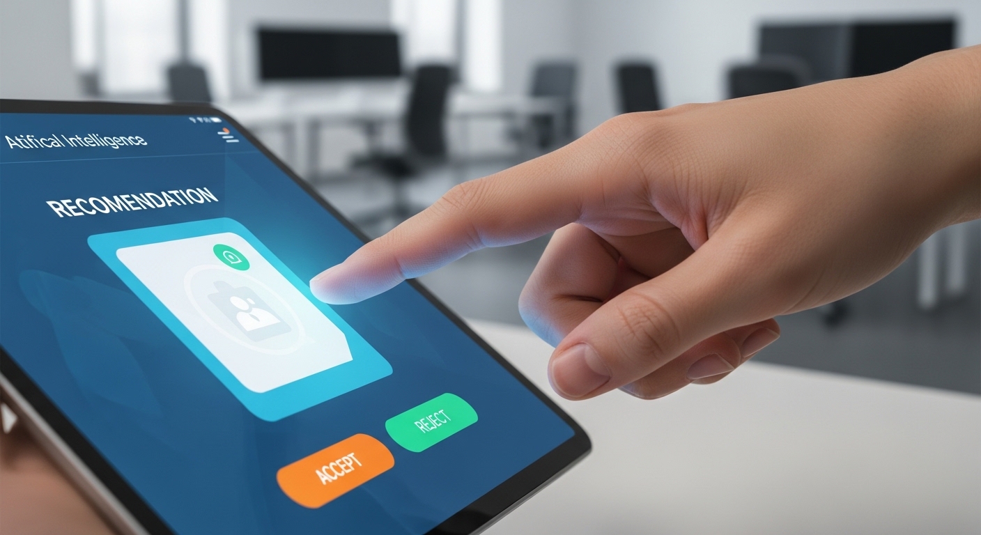 Human hand interacting with AI recommendation interface on tablet