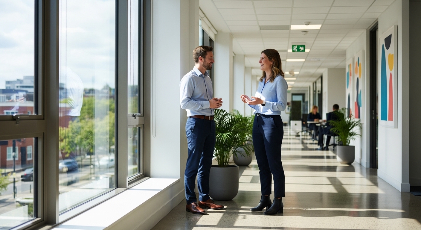 Colleagues in relaxed office conversation