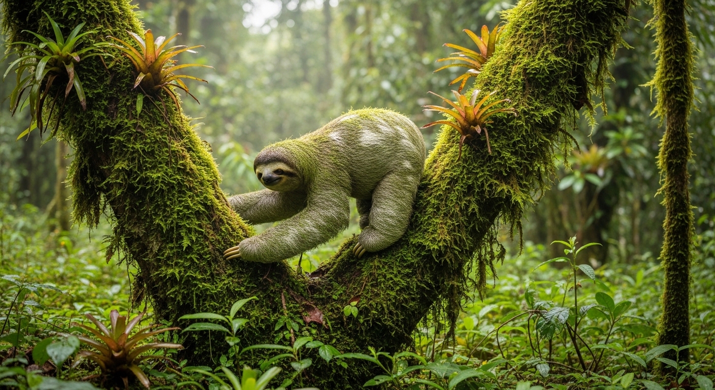 Sloth descending mossy tree trunk in rain forest