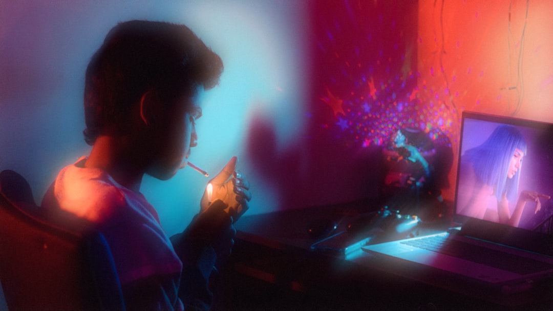 Person surrounded by glowing algorithm-driven content screens