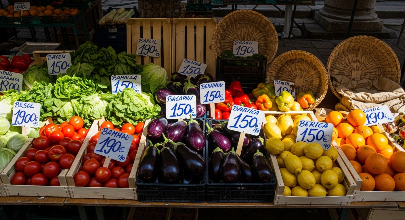 Overhead view of market stall with sparse produce and price tags