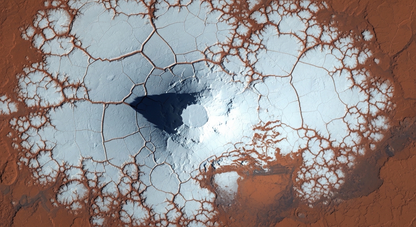 Tampak atas tutup es kutub Mars dari orbit