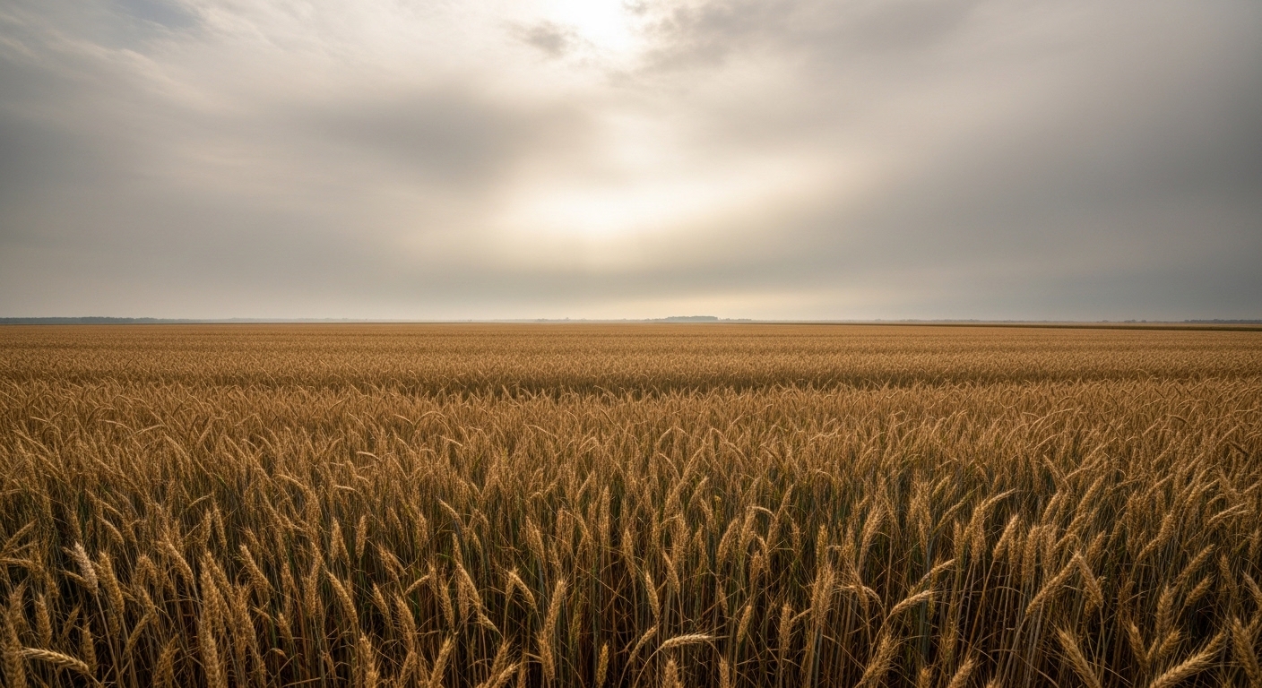 Drought-stressed wheat field under hazy summer sky