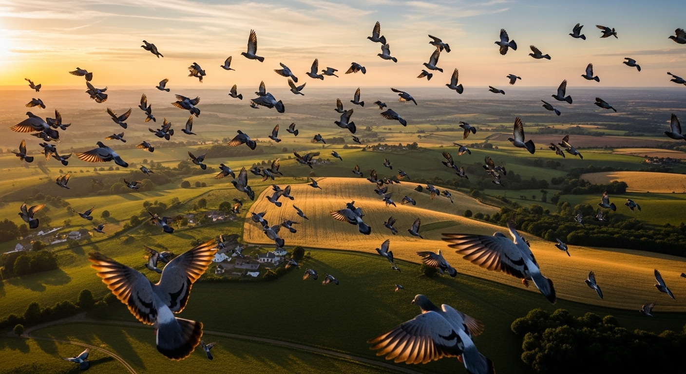 Flock of homing pigeons flying over rural landscape