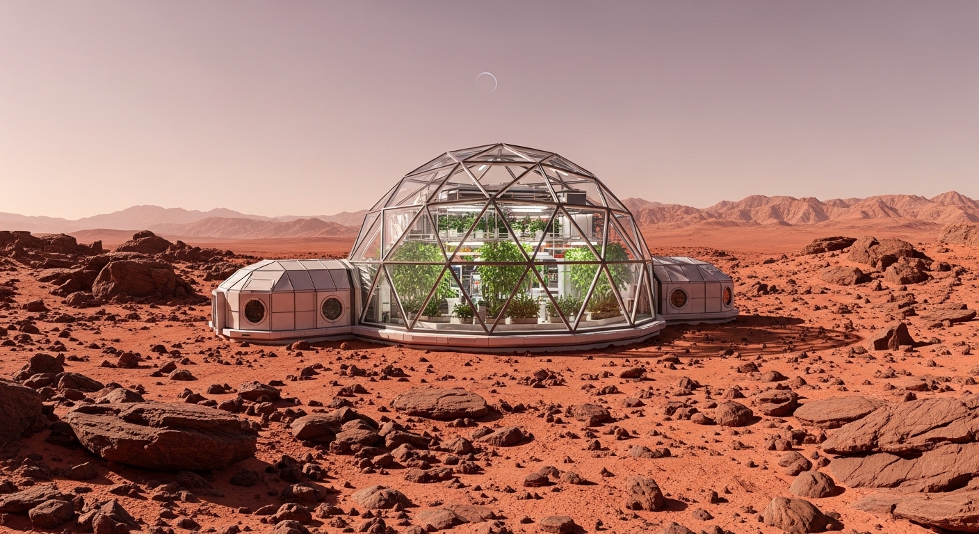 Kubah habitat futuristik di permukaan Mars dengan tanaman