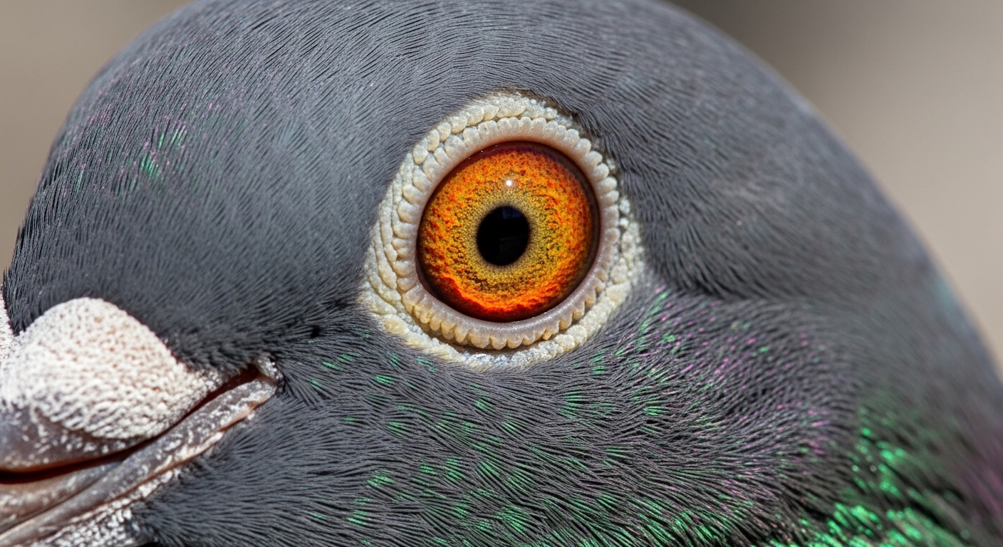 Close-up of homing pigeon head and eye detail