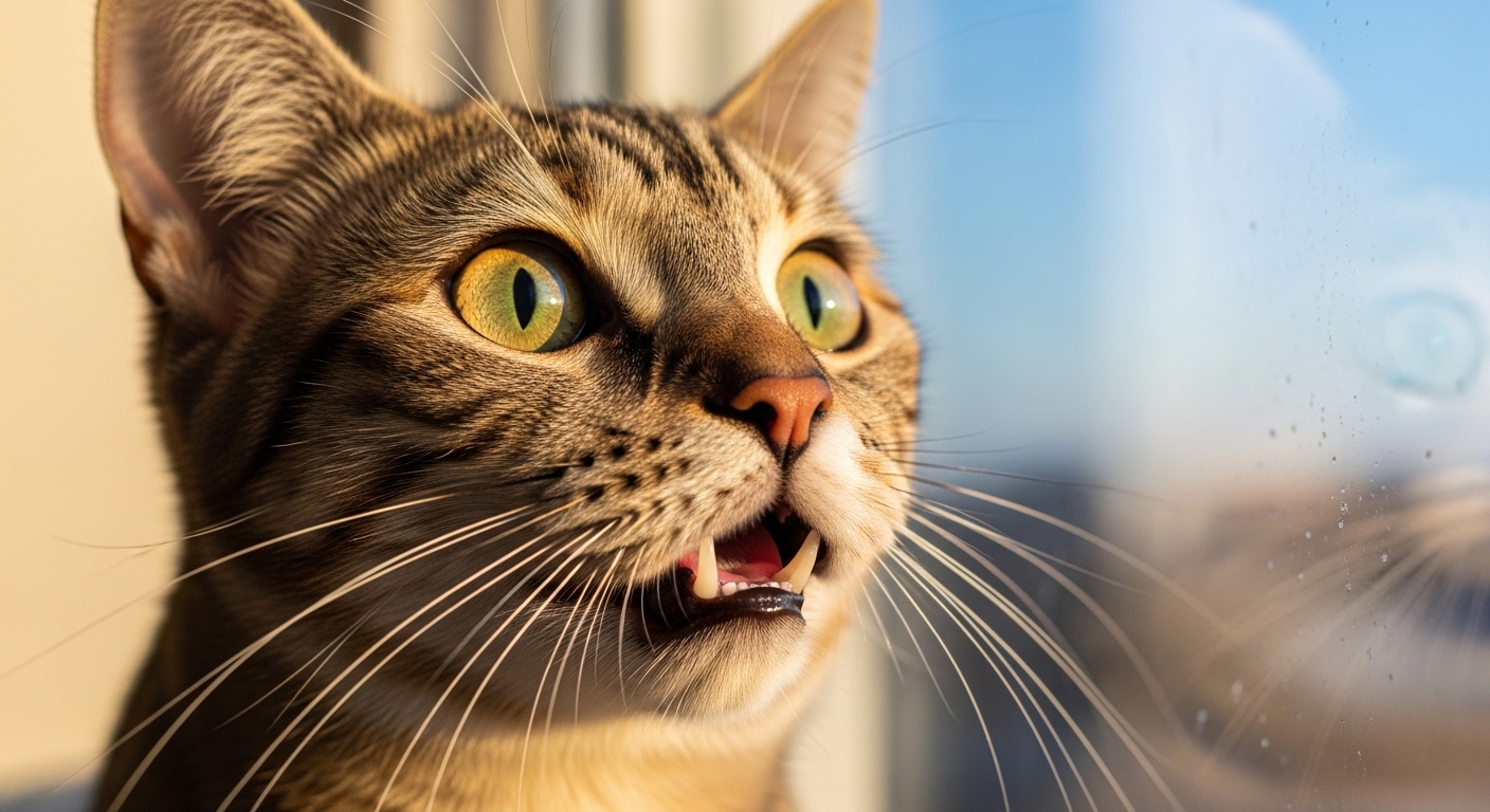 close-up of cat with dilated pupils mid-chatter at window