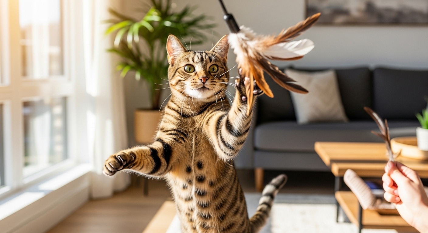 cat leaping to catch feather wand toy in bright living room