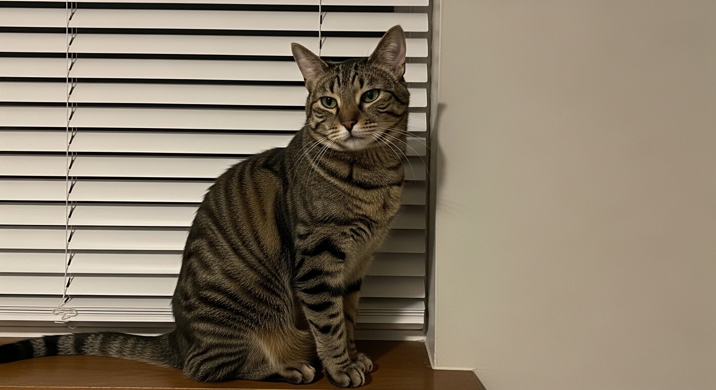 bored cat sitting in front of closed window blinds indoors