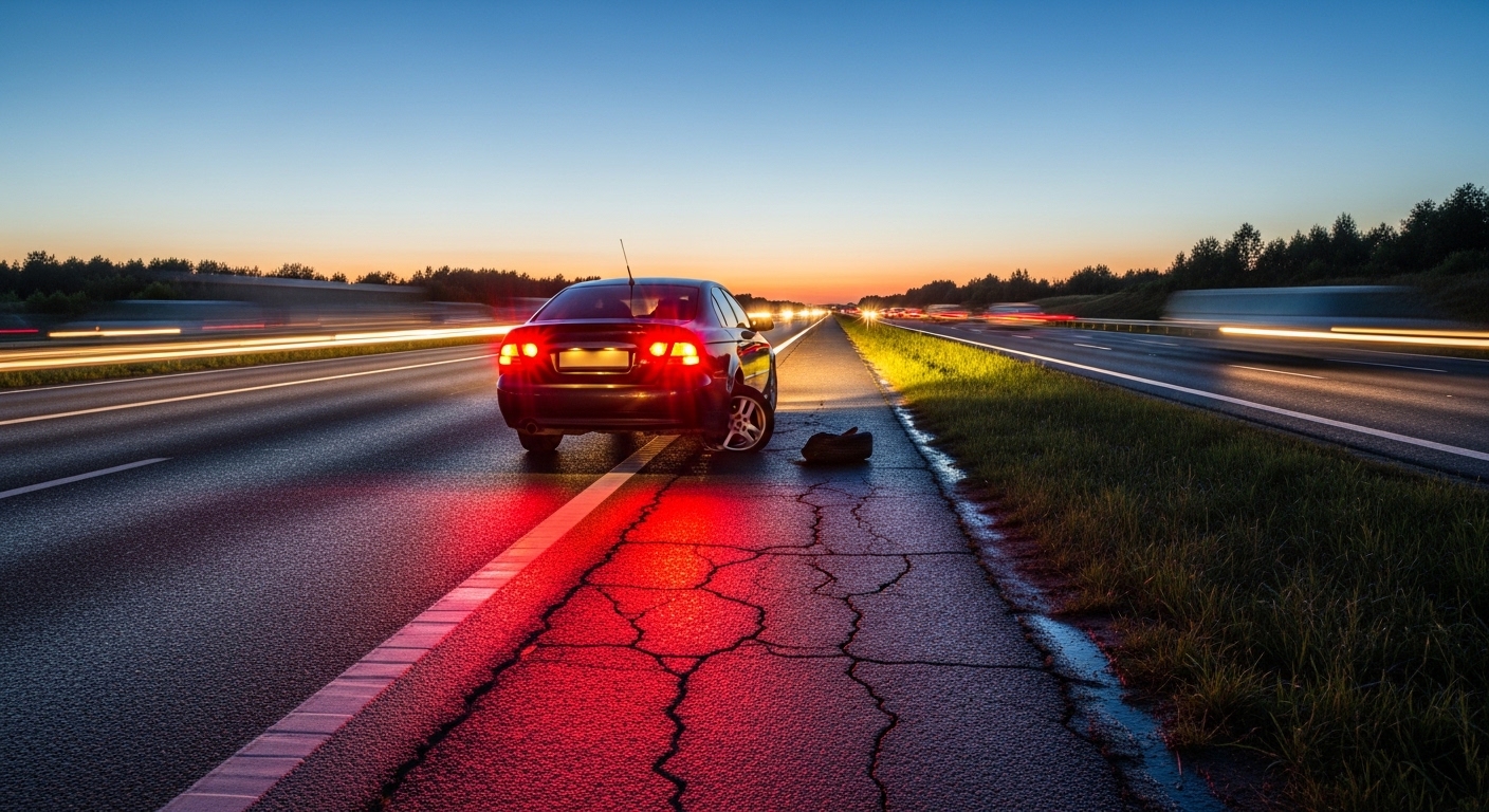 Car with flat tire pulled over on highway