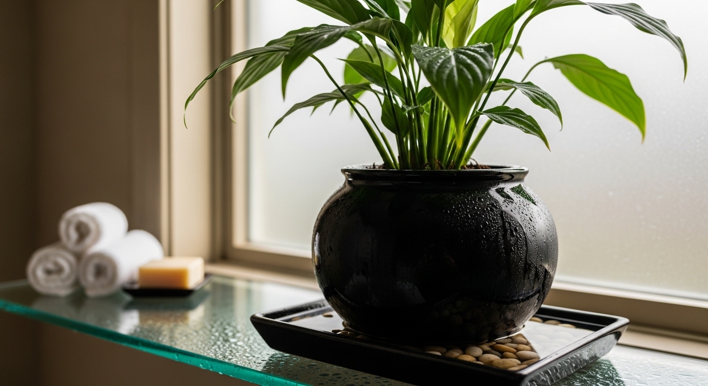 Peace lily on a pebble tray in a humid bathroom with soft diffused light