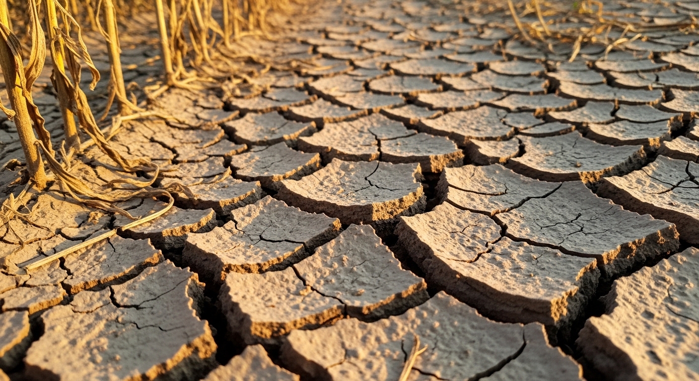 Cracked dry farmland during severe drought conditions