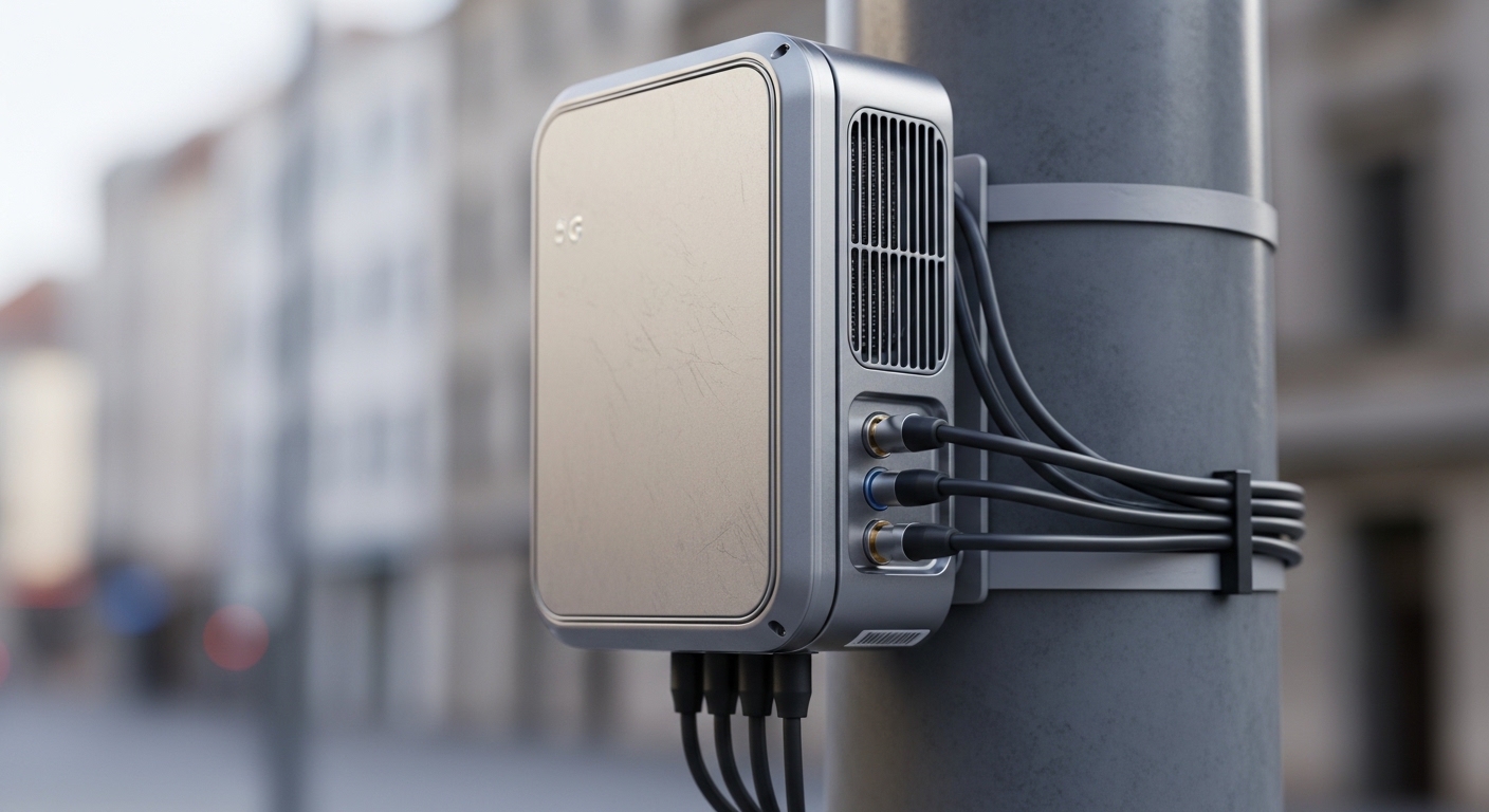 Petite antenne 5G fixée sur un lampadaire urbain