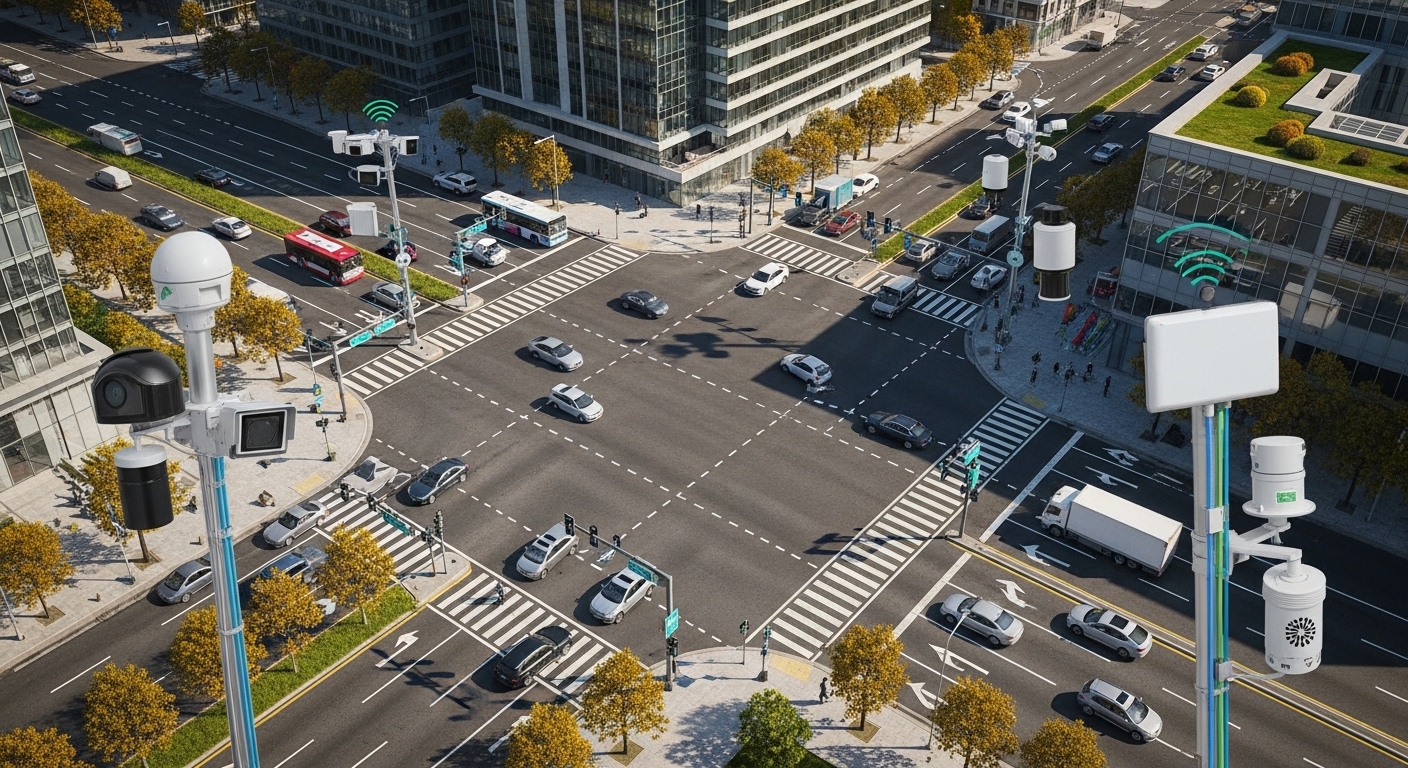Vue aérienne d'une intersection de ville intelligente connectée
