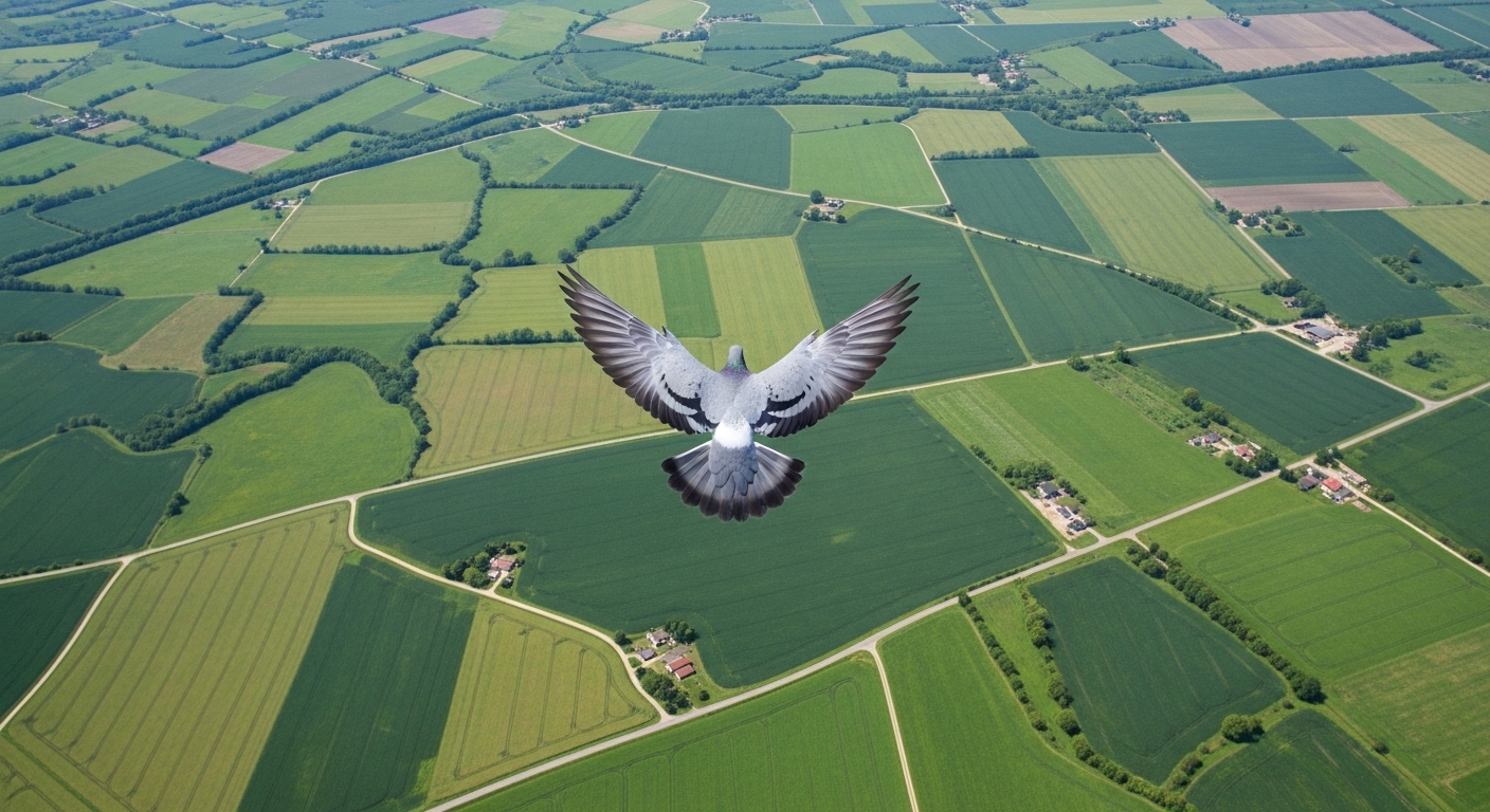 Aerial overhead view of pigeon flying over farmland