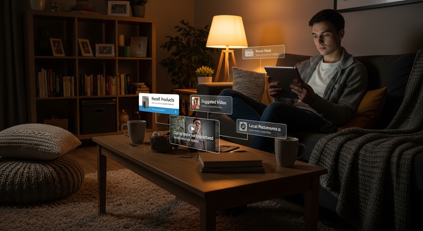 Person scrolling targeted content in living room