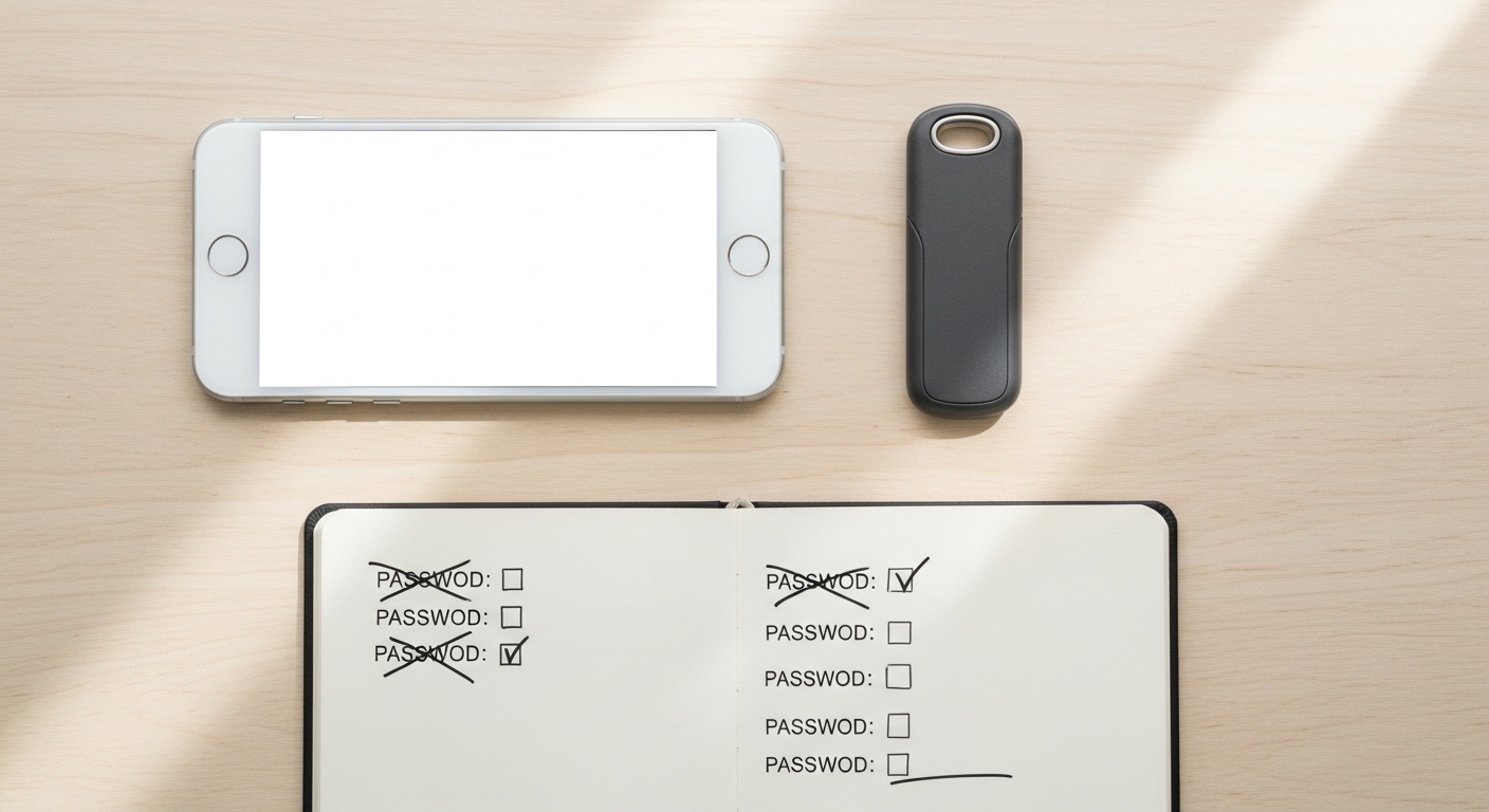 Smartphone mit Sicherheitsschlüssel und Notizbuch