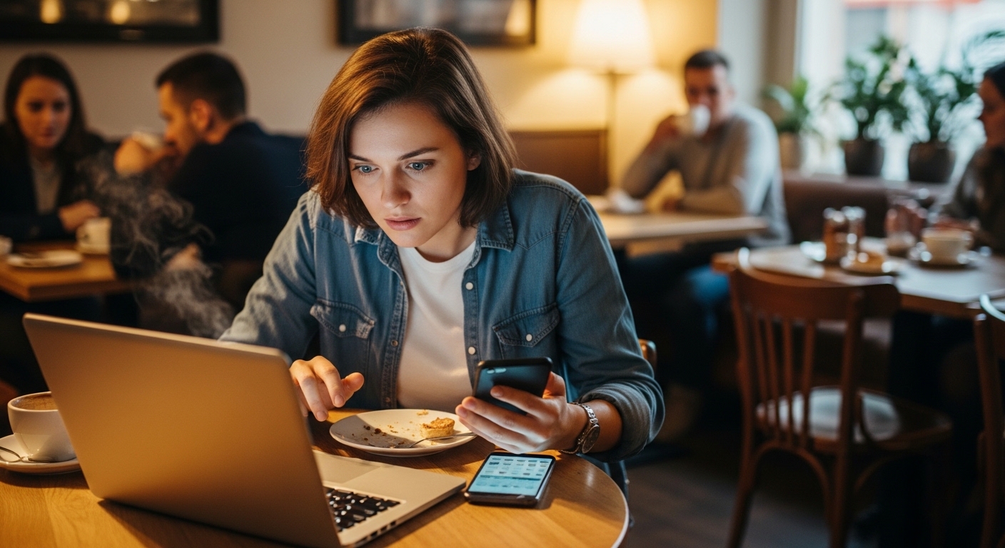 Person prüft Smartphone in öffentlichem Café