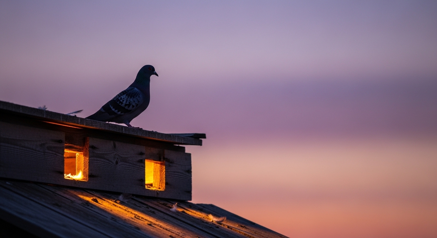 Homing pigeon perched on wooden loft at dusk