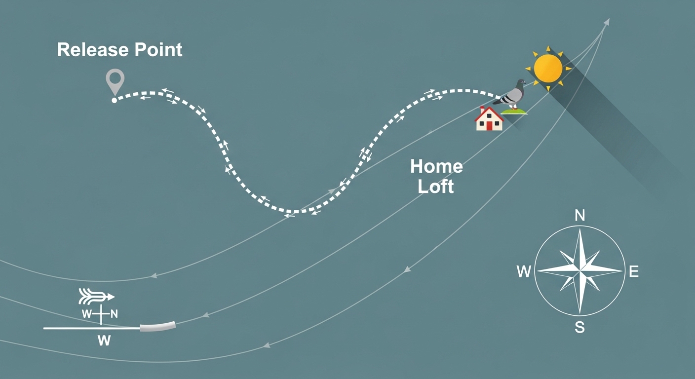 Diagram of homing pigeon navigation mechanisms and flight path